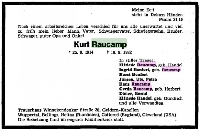 Raucamp Kurt 1914-1982 Todesanzeige (1)